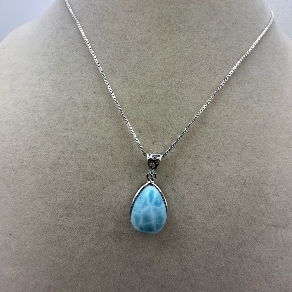 Larimar and Sterling Silver Teardrop Pendant Necklace on Sterling Silver Chain - Picture 5 of 11